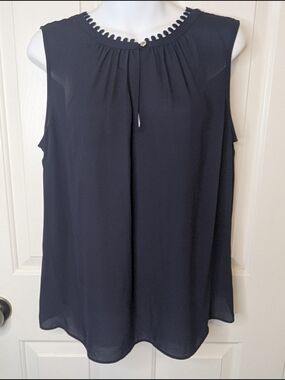 Tommy Hilfiger Blouse Womens Large Navy Blue Career Sleeveless Pleated Shell EUC